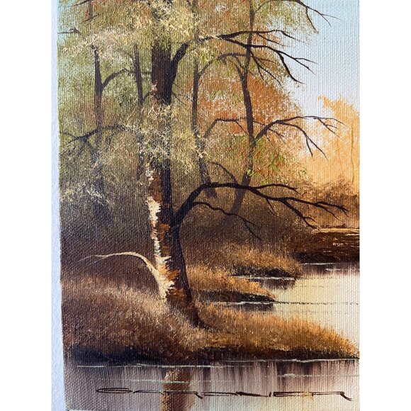 VTG Original Landscape Oil Painting Autumnal Trees Tranquil Stream Canvas 12 x 9 - Picture 3 of 10